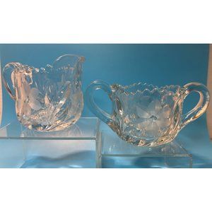 American Brilliant Cut Crystal Glass Sawtooth Vintage Creamer and Sugar Etched